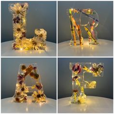 four different images of letters made out of flowers and glass bottles with lights on them