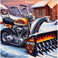 a painting of a motorcycle parked in the snow with flames on it's front tire