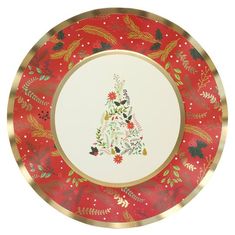 Deck your table with boughs of holly and mistletoe! These gorgeous plates feature a cream center with a Christmas tree made of a blend of poinsettias and holiday greenery surrounded by a red border adorned with green and gold foil leaves, pine needles, and greenery trimmed with a gold foil ruffle rim. The epitome of holiday elegance, these plates are perfect for your Christmas dinner or holiday party. Item Details: Each package contains 8 plates Plates measure 10 inches in diameter Made of paper Pink Favours, Holiday Greenery, Christmas Party Supplies, Christmas Tablescapes, Main Courses, Christmas Party Decorations, Party Plates, Holiday Themes, Ball Ornaments