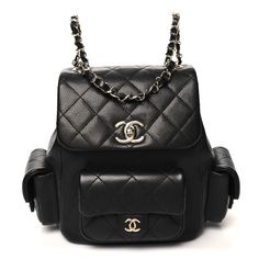 This is an authentic CHANEL Shiny Caviar Quilted Pockets Small Drawstring Backpack in Black. This stylishbackpack is beautifully crafted of caviar leather in black. The backpack features a light gold chain link leather threaded shoulder straps, external front pockets, and a crossover top flap that closes with a Chanel CC turn lock. This opens to a fabric interior with a patch pocket. Chanel Luggage, Chanel Canvas, Crossover Top, Chanel Backpack, Quilted Backpack, Light Backpack, Stylish Backpacks, Leather Thread, Chanel Caviar