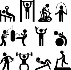 various black and white icons depicting people doing different things in the room, including an exercise area