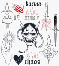 an image of tattoo designs on paper with words and symbols in the shape of devil's head