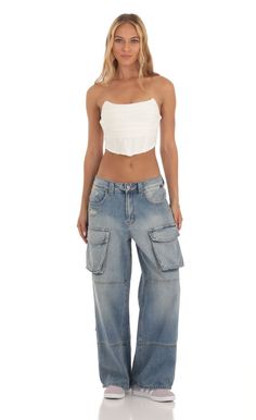 Cassidie Cargo Jeans in Denim | LUCY IN THE SKY Baggy Cargo Jeans, Winter Formal, Loungewear Jumpsuit, Golf Pants, Golf Game, Casual Wedding, Cargo Jeans, Short Rompers, Pull On Pants