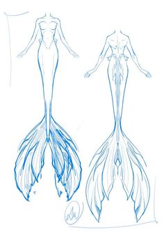 two sketches of mermaids, one with long hair and the other with fish tails