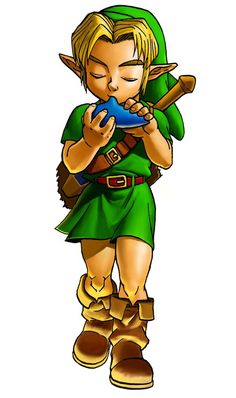 the legend of zelda is holding an object in his hands and looking at it