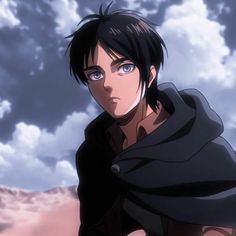 an anime character with black hair and blue eyes looking at the camera while standing in front of clouds