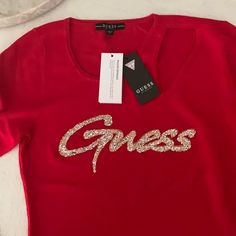 Nwt Guess Logo Sweater With Cut Out In Reckless Red. Pit To Pit 16 Inches Shoulder To Hem 23 Inches Red Long Sweater, White Tunic Sweater, Pink Oversized Sweater, Fall Pullover, Teal Sweater, Guess Logo, Logo Knit, Red Pullover, Open Knit Sweater