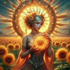 a woman holding a sunflower in front of her face and surrounded by the sun