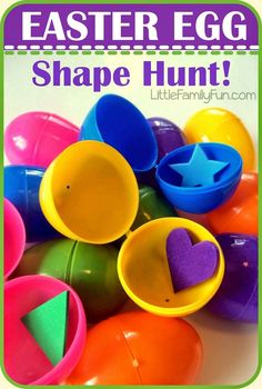 an easter egg shape hunt with colorful plastic eggs in it and the words, easter egg shape hunt