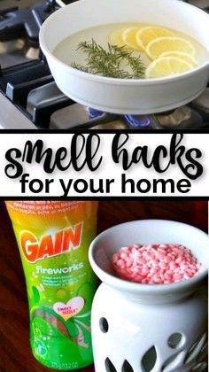 two pictures with the words smell hacks for your home on them and in front of it