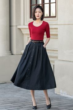 "DETAIL * 100% Linen * Two side pockets * Back elastic waist * Button down skirt * Button front skirt * Below Knee Length * A Line skirt, Midi skirt * Perfect for Spring, Summer and Autumn * Wash by hand or machine with cold water * Model's belt is not sale item * The model is 170 cm (5′ 7″) tall with a 80 cm (31.5\") bust, 66 cm (26\") waist. She is wearing in size XS. CUSTOM MADE SERVICE If you * Change other color * Can't find your size in our size Chart * Change the Style * Change the length * Your Height is not Between 5'1\" - 5\"9\" * Your weight is not Between 47 kg - 75kg I can do it for you, It will need some extra fee depending on on your need. Contact with me for more detail. SIZE GUIDE Size vary between Brand and Country Please get your body measurement with our Size Guide And Black Linen Skirt, A Line Skirt Midi, Custom Skirt, Linen Midi Skirt, Skirt Linen, Button Front Skirt, Wool Clothing, Skirt Midi, Skirt With Pockets