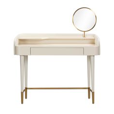 a white desk with a mirror on top and gold legs, against a white background