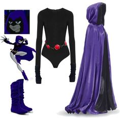 the costume is purple and black with red balls on her chest, long sleeves, and high heeled boots