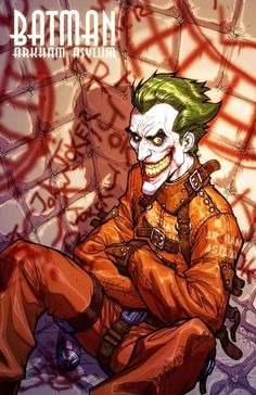 the joker is sitting down with his arms crossed in front of him, while he's wearing an orange suit