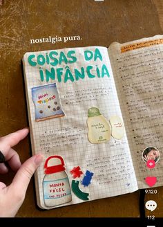 an open book with stickers on it and the words cosas da infincia