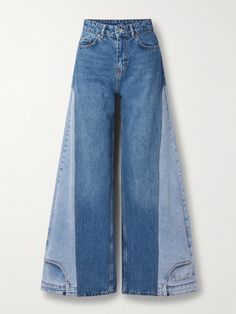 BETTTER's jeans have been upcycled from deadstock denim to create their distinct design. Reconstructed from two different pairs in contrasting washes, they have wide legs that feature a traditional waistband and pockets at the hems. <br><br>This product was Designed for Circularity. Find out more about NET SUSTAIN <a href="https://www.net-a-porter.com/en-gb/campaigns/net-sustain">here.</a> What To Make With Denim Fabric, Upcycled Wide Leg Jeans, Two Jeans In One, Jean Pants Design, Interesting Pants Design, Upcycle Denim Jeans Diy Projects, Upcycling Denim Jeans, Upsizing Jeans, Upcycled Jeans Ideas