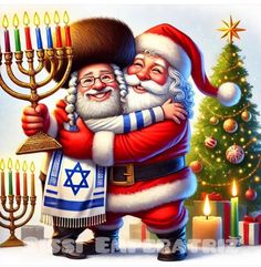 two santas hugging each other in front of a christmas tree with candles and a star of david