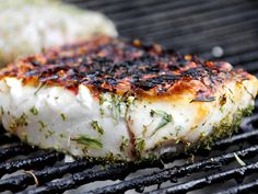 grilled or bhuna fish steaks recipe on the grill with caption