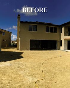 before and after shots of a house in the middle of an empty lot with no grass