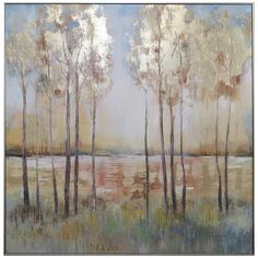 an abstract painting of trees and water