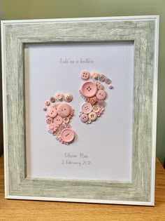 a white frame with two pink buttons in it