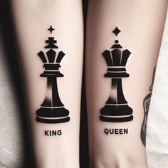 two tattoos on both legs with chess pieces and the words king and queen painted on them