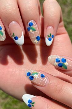 August Nails Almond Shape, French Tip With Fruit Nails, Spring Nails Fruit, Pastel Fruit Nails, Blueberry Nails Acrylic, Fruits On Nails, Fruits Nails Design, Summer Nails With Fruits, Cute Fruit Nail Designs