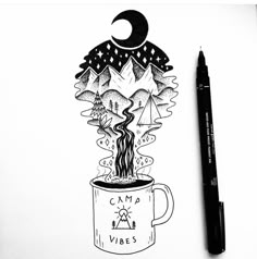 a drawing of a coffee cup with the words camp vibes on it