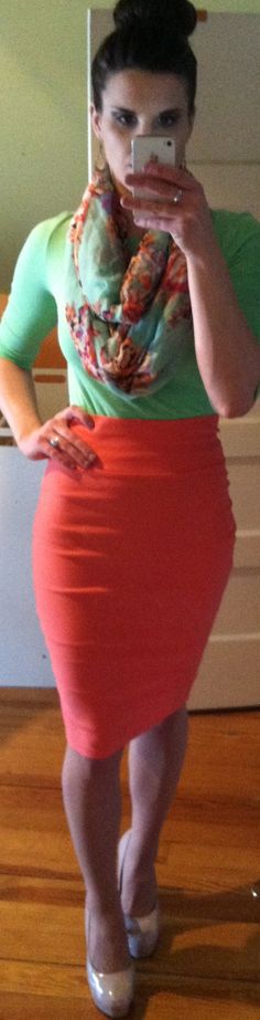 Coral pencil skirt, bright green top, mint floral scarf, and nude pumps. Jw Fashion, Mint Top, Pencil Skirt Outfits, Nude Pumps, Tights Outfit, Floral Scarf, Green Top, Professional Outfits, Work Attire