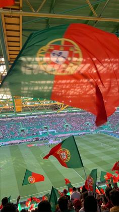 many flags are flying in the air at a soccer stadium as people watch from the stands