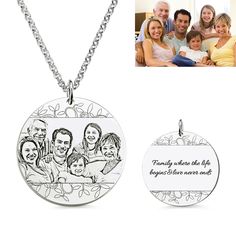 The love of a family is life’s greatest blessing – Come and get a Family Photo Engraved Necklace to mark your memories last a lifetime!  Upload your best photo and we will engrave it on a disc pendant with fancy details, you can also add any characters up to 60 on the back of pendant. Amazing necklace made of sterling silver, you can’t miss it! Memory Jewelry, Mommy Jewelry, Family Jewelry, Necklace Birthstone, Best Friend Necklaces, Family Necklace, Crochet Simple, Photo Necklace, Wooden Necklace