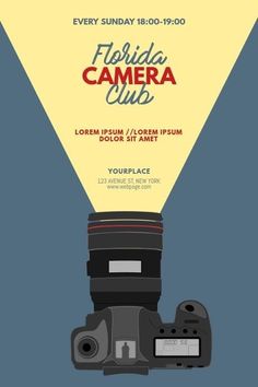 the florida camera club flyer is shown with an image of a camera and its lens