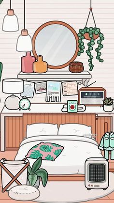 a bed room with a neatly made bed next to a mirror and air conditioner