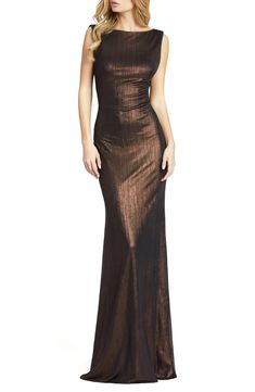 Mac Duggal Metallic Bateau Neck Column Gown | Nordstrom Brown Bridesmaids Dresses, Brown Bridesmaids, Metallic Prom Dresses, Mob Dress, Nye Wedding, Sleek Dress, Mother Of The Bride Gown, Bride Gown, Prom Designs