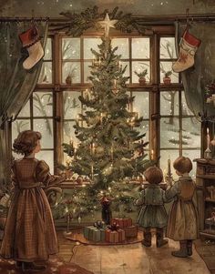 two children standing in front of a christmas tree with presents on the floor next to it