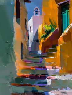 an abstract painting of a narrow street with colorful buildings