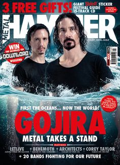 two men standing in the water on top of a magazine cover