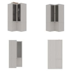 four white cupboards with doors on each side and one door open in the middle