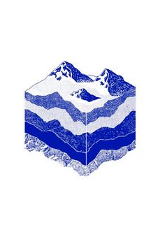 a blue and white drawing of mountains