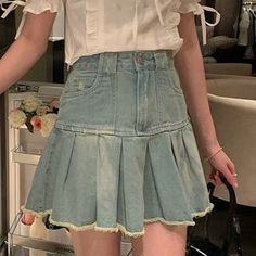 A Line Denim Skirt, Color Light Blue, Ruffle Shorts, Love Is Free, Denim Mini, Ruffle Trim, Color Light, High Waist Jeans, Summer Casual