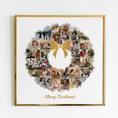 a christmas card with photos and a gold bow on the front, hanging on a white wall