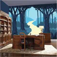 a room with a desk, chair and bookcase in front of a forest mural