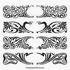 an ornate set of calligraphy letters with swirls and leaves in black on a white background