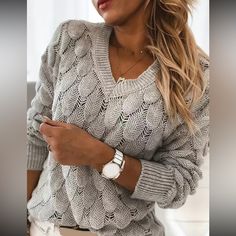 V Neck Sweater Knit Pattern Long Sleeve Casual Sweater For Fall & Winter 100% Polyester Pullover Mode, Solid Color Sweater, Unique Sweaters, Winter Pullover, Long Sleeve Knit Sweaters, Sweaters Online, Knitting Women Sweater, Cozy Sweater, Cute Sweaters