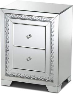 an elegant mirrored nightstand with two drawers