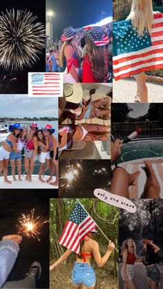 several pictures of people and fireworks in the sky, with one woman holding an american flag