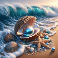 an image of seashells and starfish on the beach