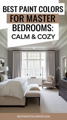 Explore the best paint colors to create a serene and restful master bedroom, perfect for unwinding after a long day. Tranquil Primary Bedroom, Bedroom And Bathroom Color Schemes, Modern Colors For Bedrooms, Calming Master Bed Paint, Farmhouse Master Bed Paint Colors, Magnolia Paint Colors Bedroom, Cozy Neutral Bedroom Paint Colors, Tray Ceiling Paint Ideas Bedroom Master Suite, Large Bedroom Paint Color Ideas