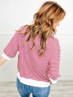 Experience comfort and style with our Crew Neck Short Sleeve Striped Top! Made with high-quality materials, this top offers a flattering fit and effortless style. Keep it casual or dress it up - you'll look and feel great either way. Elevate your wardrobe with this versatile and timeless piece. Fabric content: 95% Cotton, 5% Spandex Effortless Crew Neck Spring Top, Effortless Crew Neck Top For Spring, Chic Red Loungewear Top, Chic Crew Neck Top For Day Out, Effortless Crew Neck Stretch Tops, Effortless Crew Neck Top For Day Out, Effortless Stretch Crew Neck Top, Red Relaxed Fit Tops For Everyday, Casual Cotton Blouse For Layering