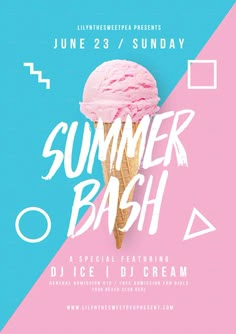 an ice cream cone with the words summer bash written on it in white and pink